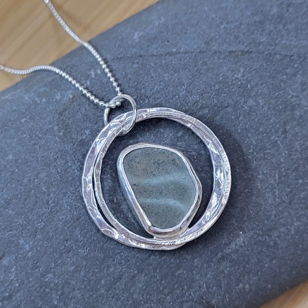 cornish sea glass ripples silver pendant